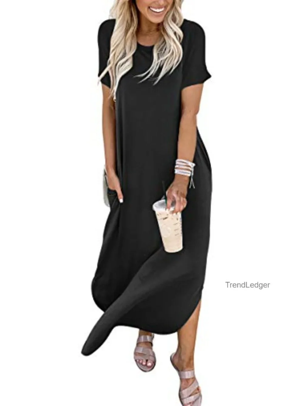 Short Sleeve Maxi Dress Side Slit Pockets Casual Beach Vacation Travel Loose